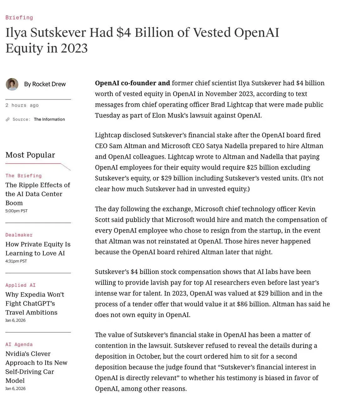 Screenshot of a briefing article about Ilya Sutskever’s OpenAI equity and leadership messages Screenshot of a briefing article about Ilya Sutskever’s OpenAI equity and leadership messages
