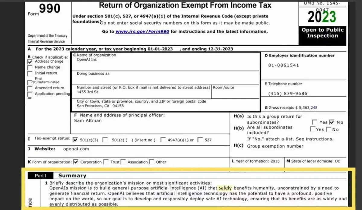 IRS Form 990 excerpt with organization details, tax status, gross receipts, and mission text for governance disclosure context IRS Form 990 excerpt with organization details, tax status, gross receipts, and mission text for governance disclosure context