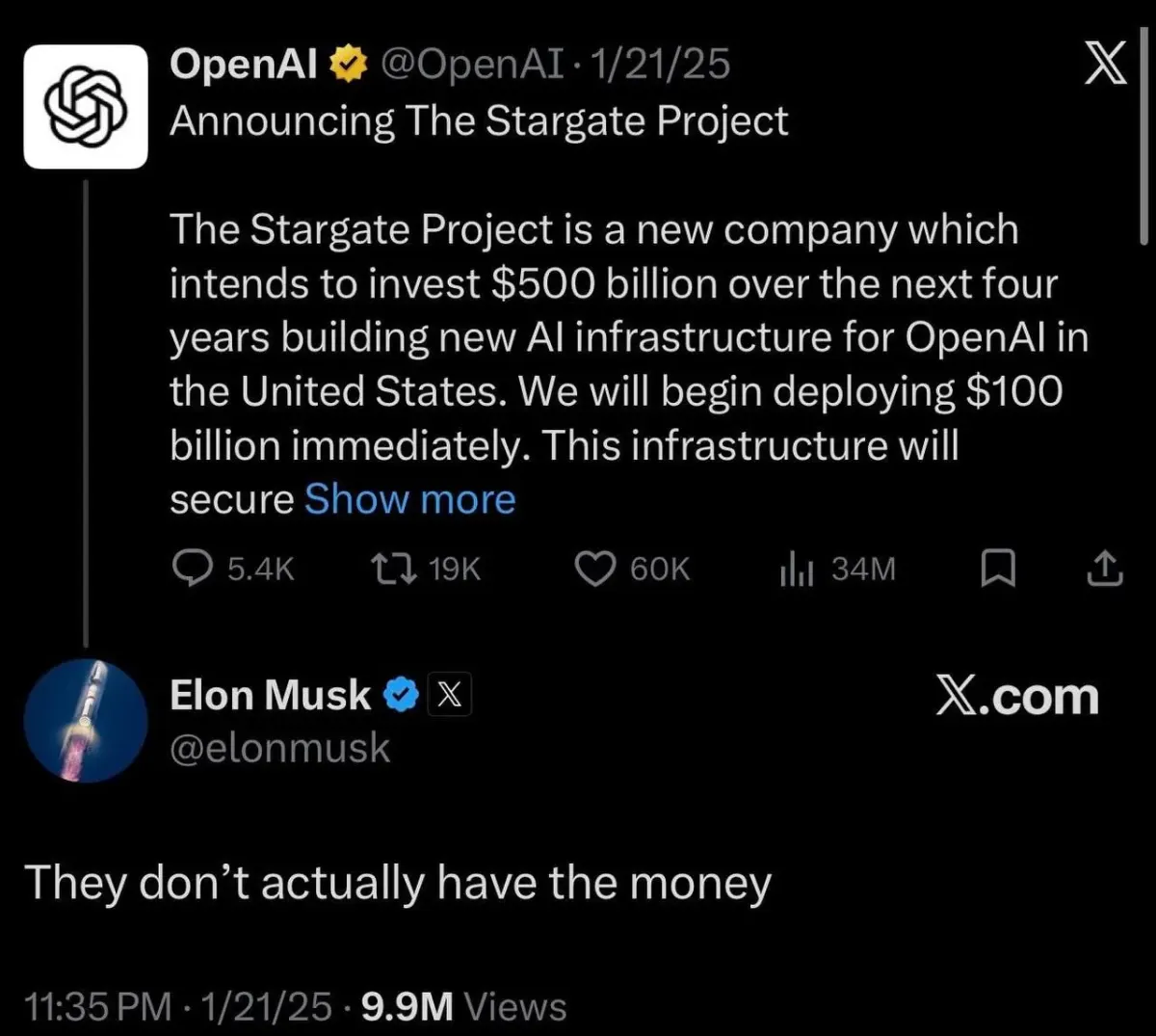 Screenshot of an OpenAI post announcing the Stargate Project with an Elon Musk funding reply Screenshot of an OpenAI post announcing the Stargate Project with an Elon Musk funding reply