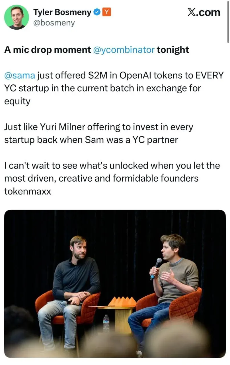 X post about M in OpenAI tokens offered to YC startups in exchange for equity X post about $2M in OpenAI tokens offered to YC startups in exchange for equity