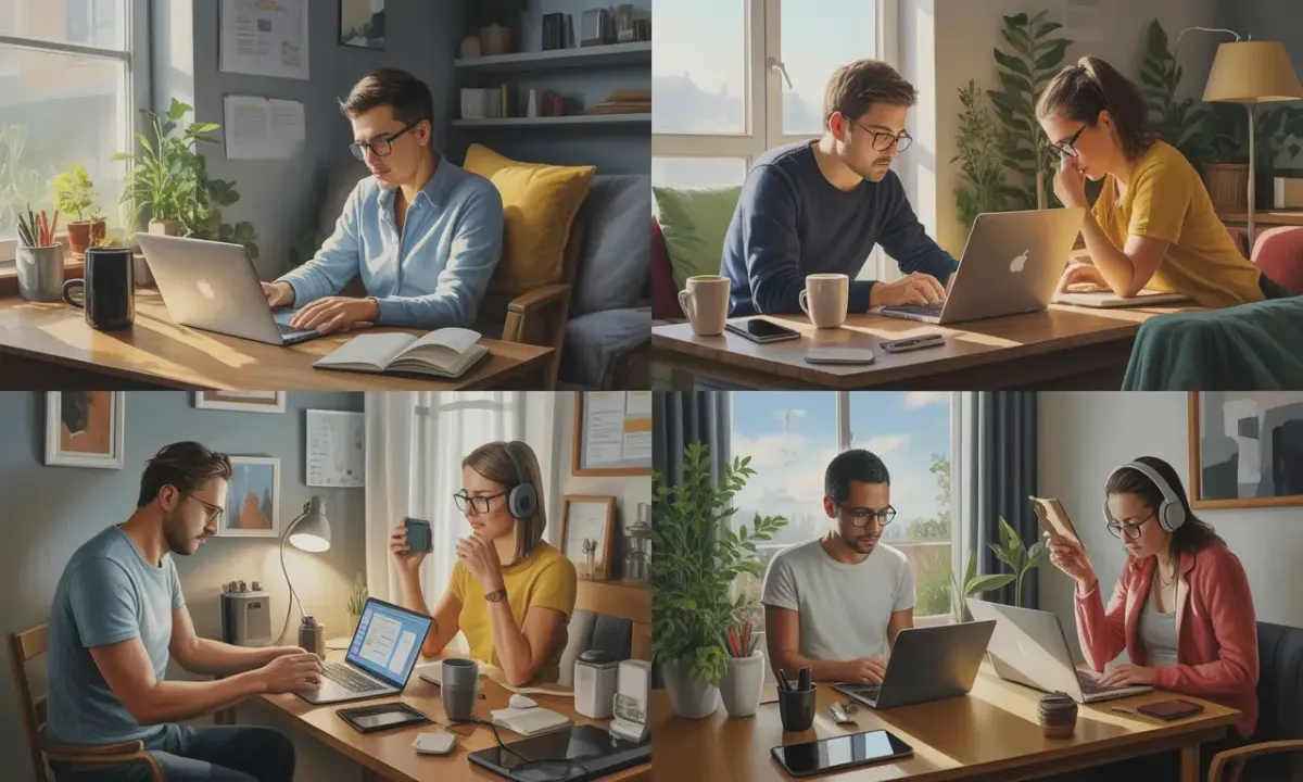 Four people in home offices using laptops for remote collaboration on founder share class planning Four people in home offices using laptops for remote collaboration on founder share class planning