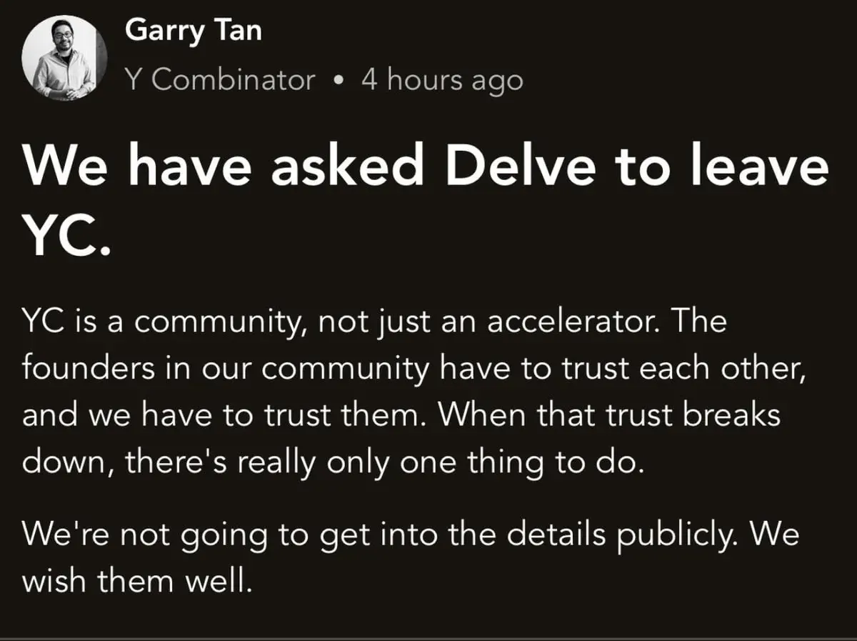 Screenshot of a Y Combinator post by Garry Tan about founder trust after asking Delve to leave YC